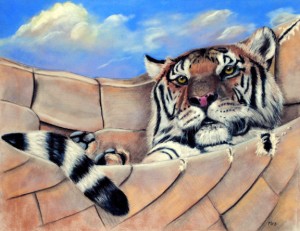 "Tiger In A Hammock", 14" x 18" pastel, $1200